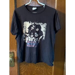 Vtg Vinyl KISS Band T-Shirt Black Rock and Roll All Nite Graphic Tee Womens L